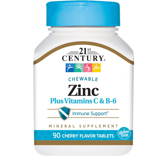 Цинк + витамины C и B6 вишневый вкус 21st Century (Zinc Plus Vitamins C&B-6 Chewable Cherry Flavor) 90 жевательных таблеток